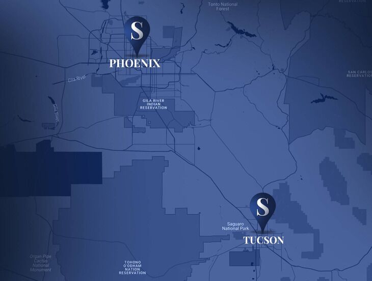 Mapa mostrando las ubicaciones de las oficinas de Suzuki Law