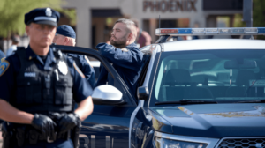 Police officers making an arrest beside a patrol car in Phoenix