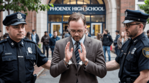 Police officers detaining a teacher outside a high school
