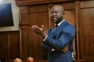 Defense attorney presenting an argument in a courtroom
