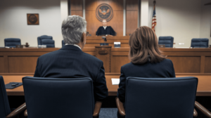 Attorney and client seated before the bench in a federal courtroom