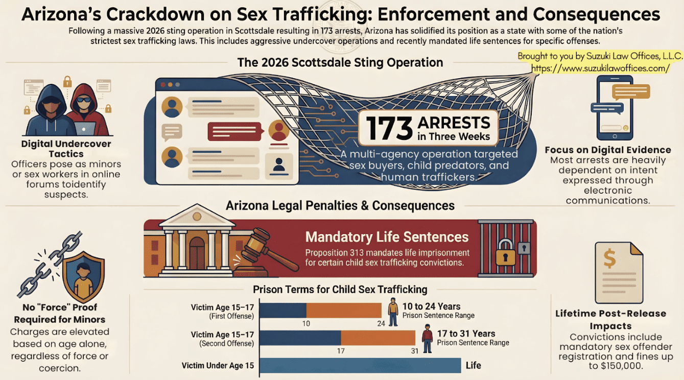 Infografía sobre la ofensiva de Arizona contra la trata sexual y el operativo de 2026 en Scottsdale con 173 arrestos
