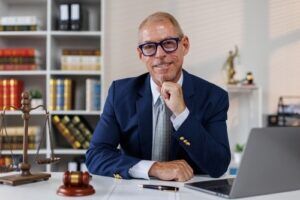 Smiling attorney seated at his desk in a law office