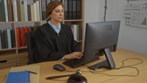 Judge working at a computer in her chambers