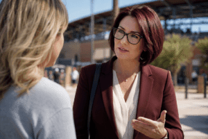 Phoenix criminal defense lawyer discussing a stadium arrest with a client outside a Cactus League ballpark