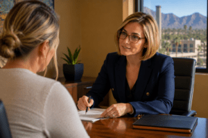 Phoenix criminal defense lawyer reviewing a criminal citation with a client after a traffic stop.
