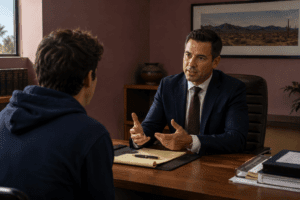 Tucson criminal defense lawyer meeting with a University of Arizona student about a pending charge.