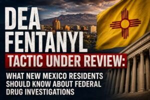 New Mexico flag and cityscape with title DEA Fentanyl Tactic under review: What New Mexico Residents Should Know