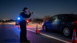 police officer shining flashlight into vehicle at nighttime DUI checkpoint