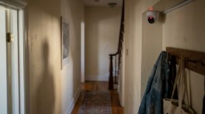 dome surveillance camera mounted on wall inside residential hallway near coat rack