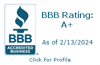BBB Accredited Business badge with A+ rating as of February 13, 2024
