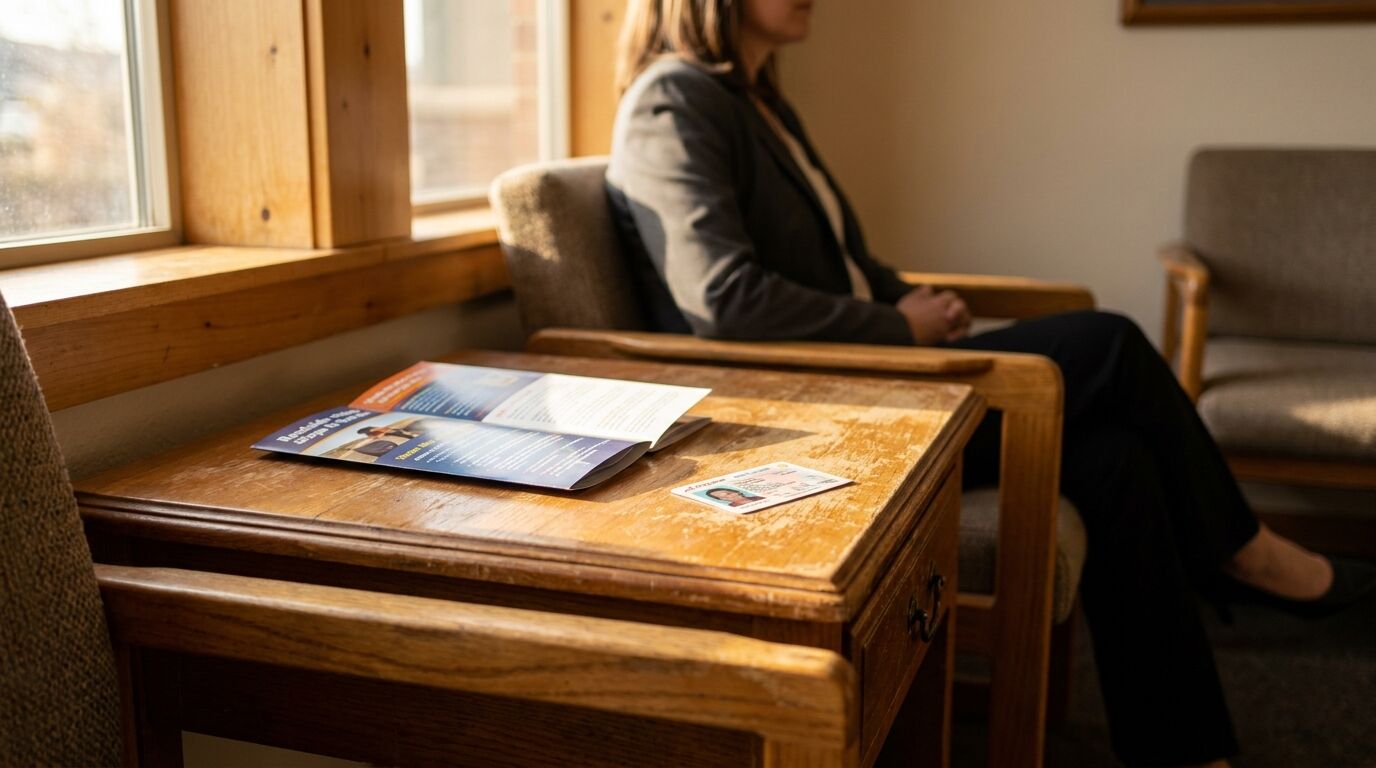 woman seated in waiting room beside wooden table with legal brochure and ID card